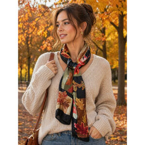 Autumn Leaf Skinny Scarf 13x29 Fall Floral Sheer Romantic Cottagecore Neck Tie